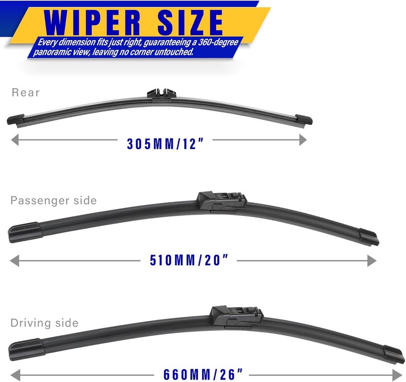 Rooppa 3 wipers Replacement for 2018-2022 BMW X3/2019-2022 BMW X4, Windshield Wiper Blades Original Equipment Replacement - 26"/20"/12" (Set of 3) - Image 2